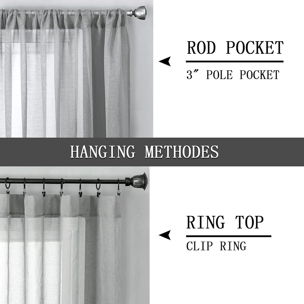 Tollpiz Sheer Curtain Linen Textured Bedroom Curtains Sheer Light Filtering Rod Pocket Voile Curtain for Living Room, 54 x 95 inches Long, Silver Grey, Set of 2 Panels