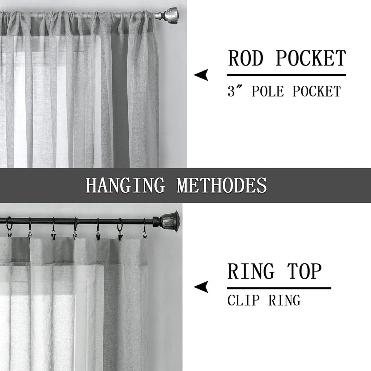 Tollpiz Sheer Curtain Linen Textured Bedroom Curtains Sheer Light Filtering Rod Pocket Voile Curtain for Living Room, 54 x 95 inches Long, Silver Grey, Set of 2 Panels