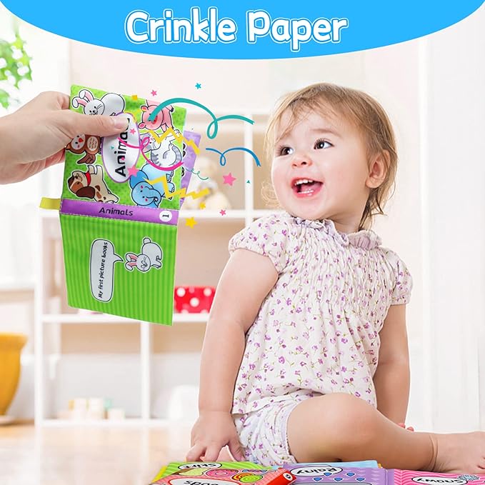 OKOOKO 12PCS Soft Baby Books, Soft Cloth Books, Bath Toys, Crinkle Washable Non-Toxic Early Education Preschool Learning Toy for Newborns Babies Infants Toddlers Kids