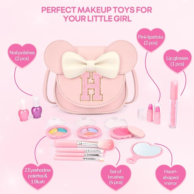 Kids Makeup Kit for Girls - 15 Pcs Real Washable Make Up Set - Non Toxic Toddlers Cosmetic with Letter Mouse Ear Purse - Dress up Birthday Gifts for 3 4 5 6 7 8 Years Old Girls - H