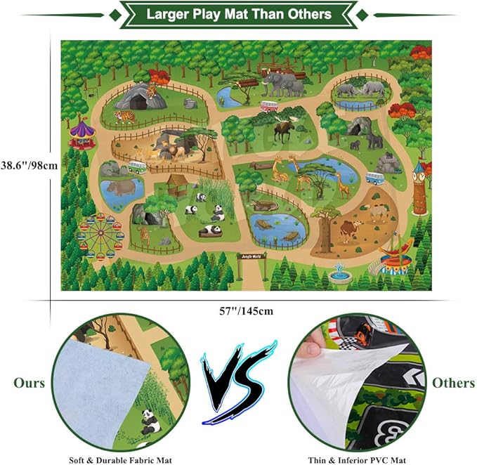 Mini Tudou 12 Pcs Safari Animals Figures Toys w/ 57x38.6’’ Large Activity Play Mat, Realistic Jumbo Jungle Wild Zoo Animals Figurines Playset w/Elephant, Giraffe, Lion for Kids Boys
