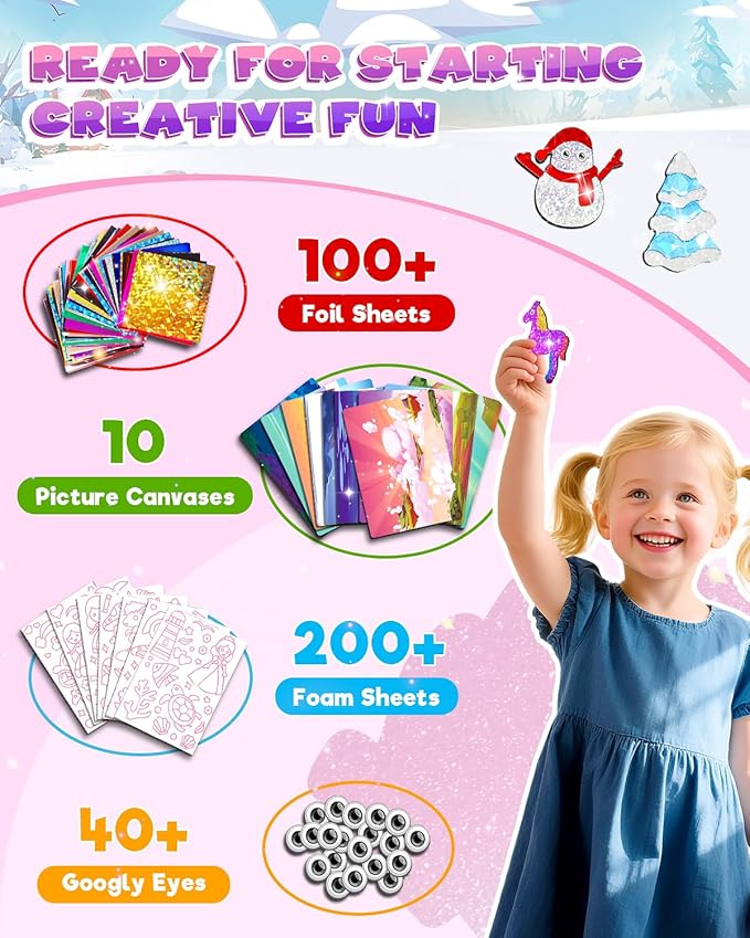 Baobrava Foil Art Fun Kit for Kids - DIY Toy Unicorn Princess Foil Art Craft Activity for Kids, Foam Stickers Fun Craft Kits & Supplies, Creative Christmas Birthday Gifts Travel Toys for 4 and Up