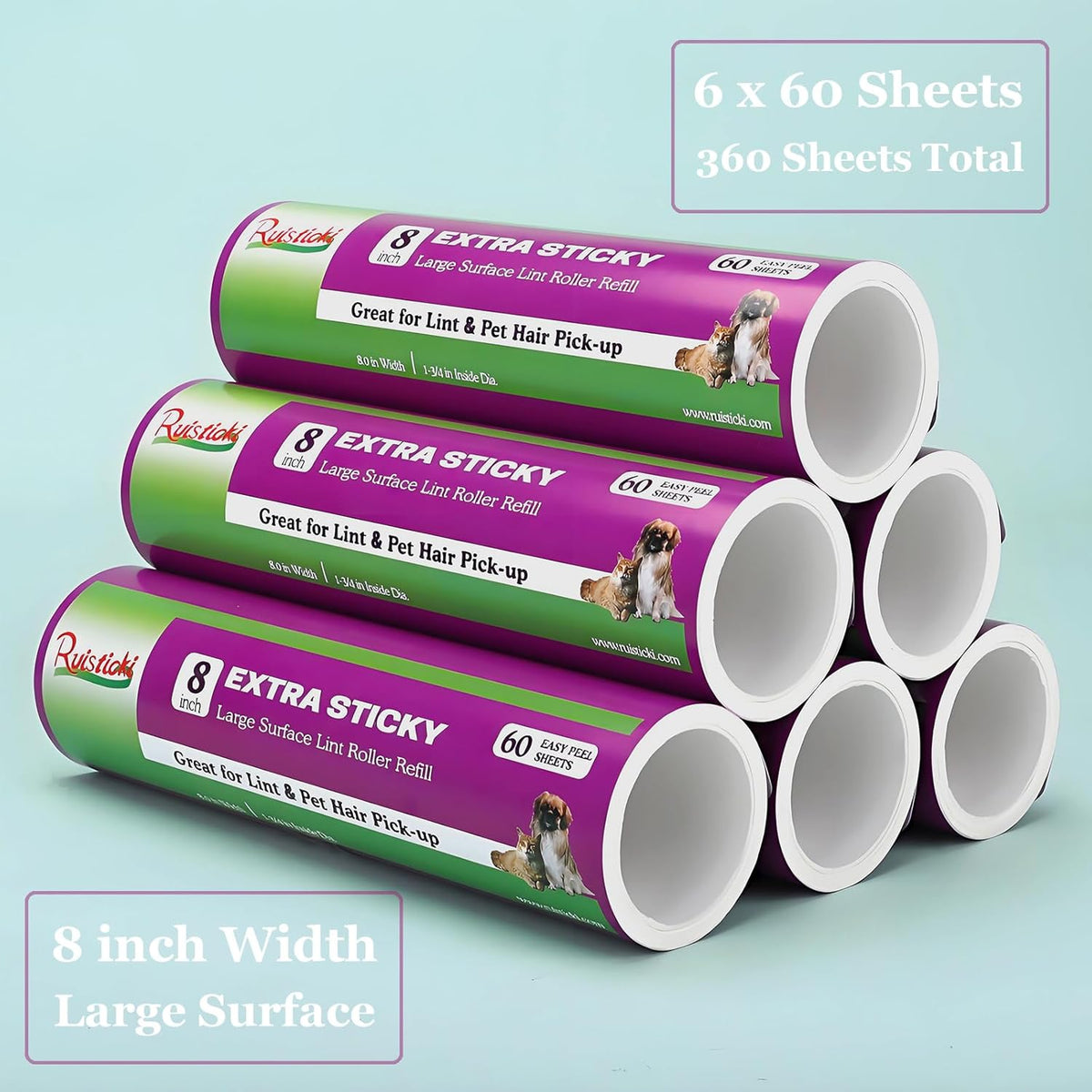 8 inch Large Surface Roller Refill Compatible with Scotch-Brite Pet Hair Pickup Extra Sticky Large Lint Roller Replacement 60 Easy-Tear Adhesive Sheets per Refill Pack of 6 Rolls 360 Sheets Total