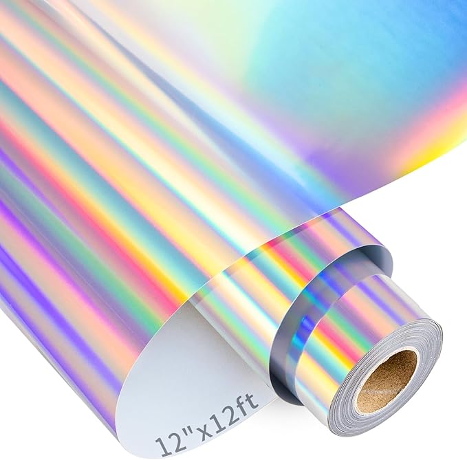 VINYL FROG Holographic HTV Vinyl Roll 12" x12ft Holographic Silver Metallic Heat Transfer Vinyl Iron on Vinyl Easy to Cut & Weed DIY Heat Press Design for T-Shirts