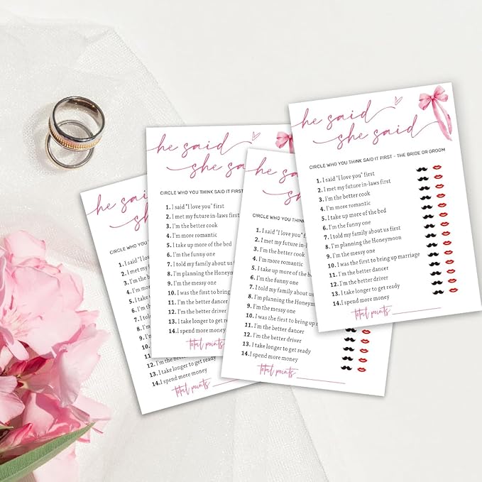 Wedding Shower Games Cards, Guest Who Said It, He Said She Said Game Cards, Bridal Shower Games 25 Guests, Engagement Party Wedding Games for Guests, Pink Ribbon Bow Wedding Party Supplies - E07