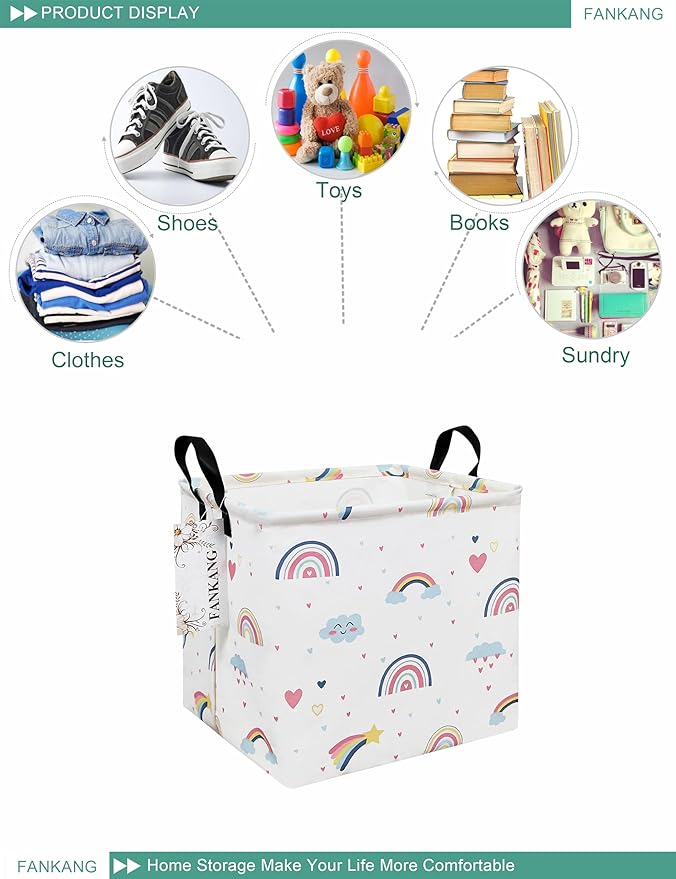 FANKANG Square Nursery Hamper Storage Bins Canvas Laundry Basket Foldable with Waterproof PE Coating Storage Baskets Gift Baskets for Children, Office, Bedroom, Clothes（Square-Love Rainbow ）