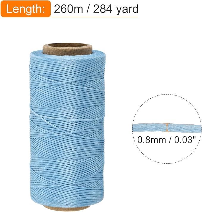 MECCANIXITY Waxed Thread,284 Yard 0.8mm 150D Flat Wax Thread Polyester Waxed String for Leather Sewing Hand Weaving Book Binding Home Decoration,Light Blue