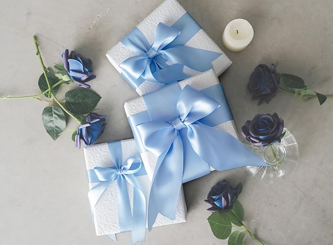 Baby Blue Satin Ribbon 2.5 Inch Double-Faced Ribbons 25 Yards for Gift Wrapping Flower Bouquet Wedding Paper Bows Invitations Crafts
