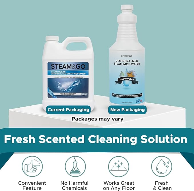 Steam & Go Demineralized Water - Multisurface Cleaner, PVC-Free Ready-to-Use for Mops & Floor Steamers - Ideal for Kitchen, Bathroom, & Home Surfaces - Clean Ocean Scent - 32oz (Pack of 18)