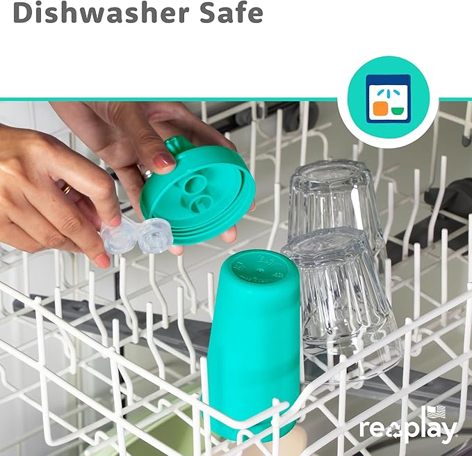 Re-Play Sippy Cups for Toddlers - 10 Oz. Reusable Spill Proof Cups for Kids, Dishwasher/Microwave Safe - Made in USA - Set of 4-3.13" x 6.25" - Aqua Asst.
