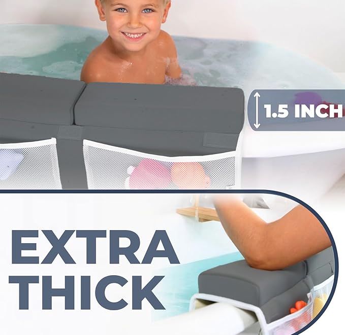 Comfortable Baby Bath Kneeler and Elbow Rest Pad Set – Thick Memory Foam Bath Kneeling Pad with Elbow Support – Baby Bathtub Cushion with Toy Organizer for Bathing Infant or Toddler - Dark Grey