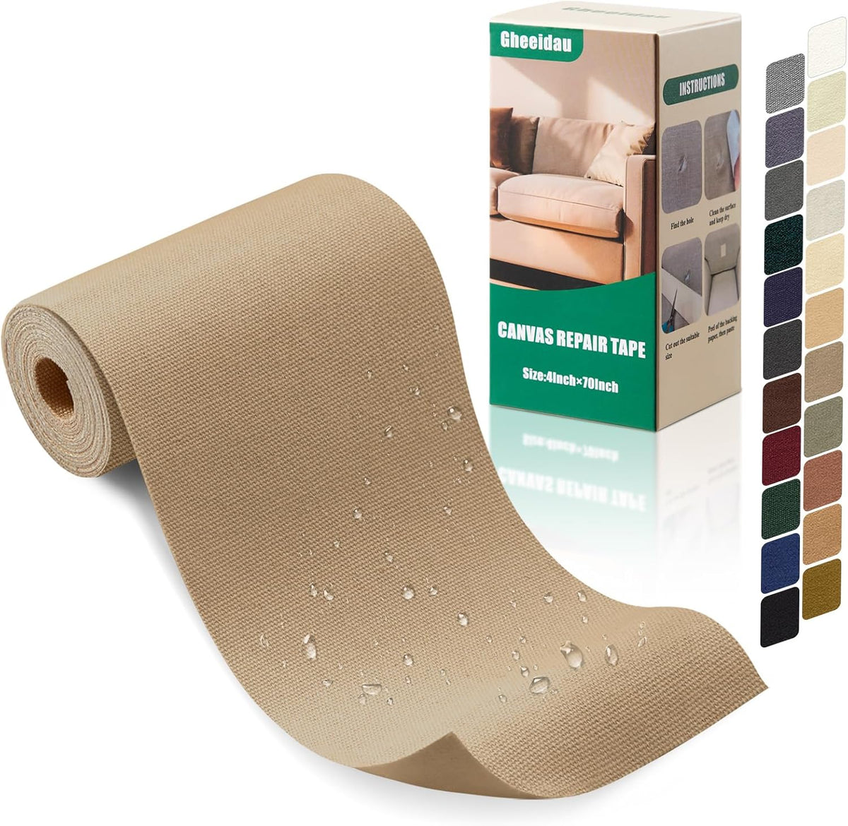 Canvas Repair Tape 4×70 Inch Waterproof Self-Adhesive Fabric Repair Patch for Repairing Boat Covers,Tents,Patio Umbrellas,Car Seats,Luggage,Sofas.(Light Khaki)