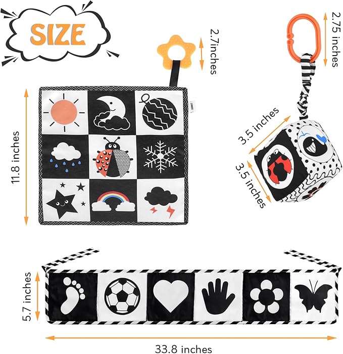 SAMMAS Black and White High Contrast Baby Toys 0-3 Months for Newborn Toys Infant Sensory Soft Book Infant Tummy Time Toys for Brain Development Montessori Learning Activities for Babies(3 Pcs)