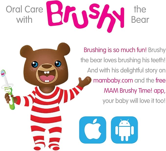 MAM Learn to Brush Set (1 Baby's Brush Toothbrush, 1 Training Brush, 1 Safety Shield), Baby Toothbrushes with Brushy The Bear, Interactive App, for Girls 5+ Months, Blue