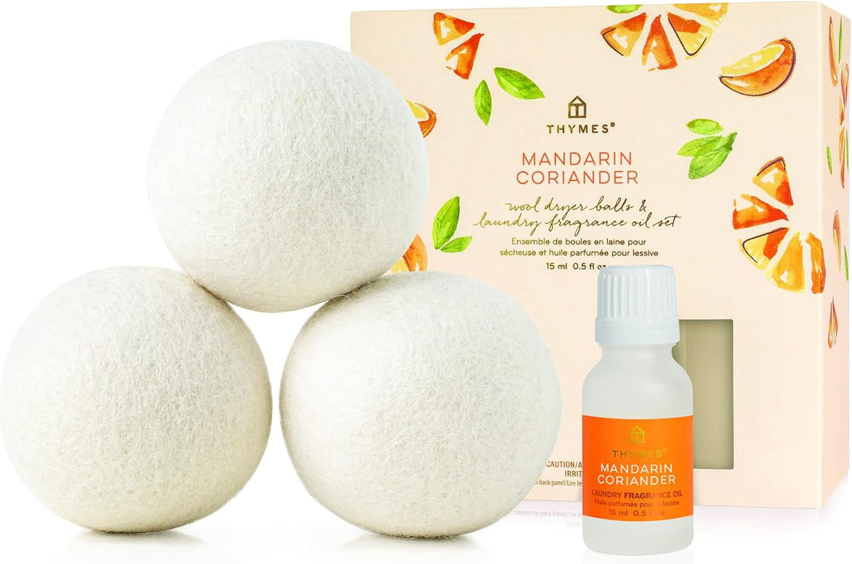 Thymes Wool Dryer Balls Set – Includes 3 Wool Laundry Balls + 1 Scented Laundry Fragrance Oil for Dryer – Eliminate Wrinkles, Static & Lint (Mandarin Coriander, 0.5 fl oz)