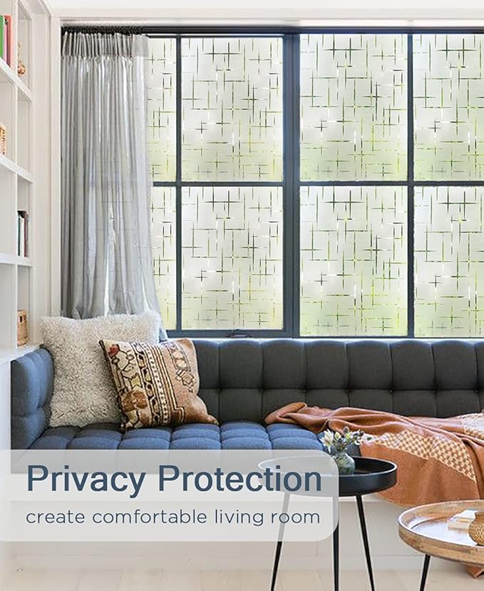 NINETREX Frosted Window Privacy Film,Window Cling Privacy Film, Decorative Glass Static Cling Non-Adhesive Vinyl Removable for Home Office Cross Pattern,23.6 x 118.1Inches