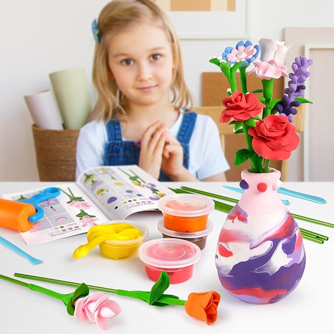 Drama Planet Flower Craft Kit for Kids, Make Your Own Flower Bouquet with Air Dry Clay, Arrange Clay Flowers & Create Personalized Art, Great Gifts for Girls