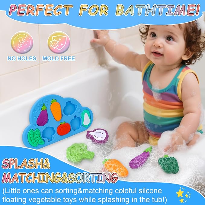 Baby Bath Toys, 100% Silcone Mold Free Vegetable Bath Toys, Soft Toddlers Floating Bathtub Toy, No Hole Tub Water Toys, Shape Sorting&Matching Educational Learning Toys Gift for Boys Girls Kids