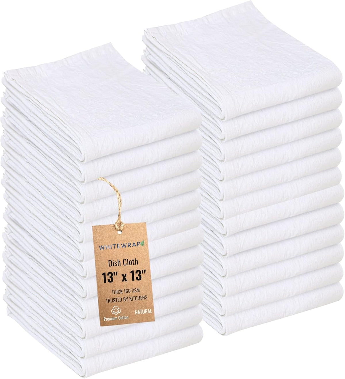 WHITEWRAP Dish Cloths Cotton| Kitchen Wash Cloth| Shop Towels Absorbent and Lint Free Flour Sack| Dishcloths for Kitchen Washing Dishes|Thick Absorbent Quick Dry Dish Rags | 24 Pack 13"x13" Natural