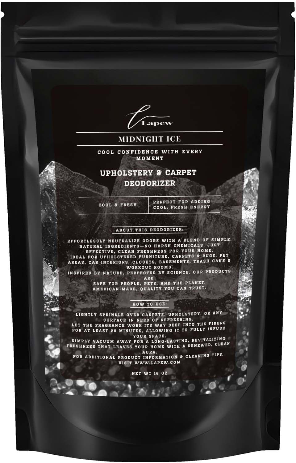 Midnight Ice Carpet Freshener Powder 16 oz | Powerful Odor Eliminator for Home | Upholstery Deodorizer | Carpet Deodorizer | Pet Urine | Cat Litter Box | Black Ice Fragrance.