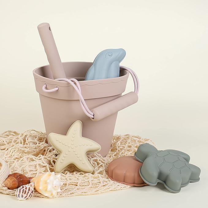 BLUE GINKGO Modern Baby Toys | Travel Friendly Beach Set | Silicone Bucket, Shovel, 4 Sand Molds, Bag | Sand Toys for Toddlers, Kids - 7pc (Pale Pink)
