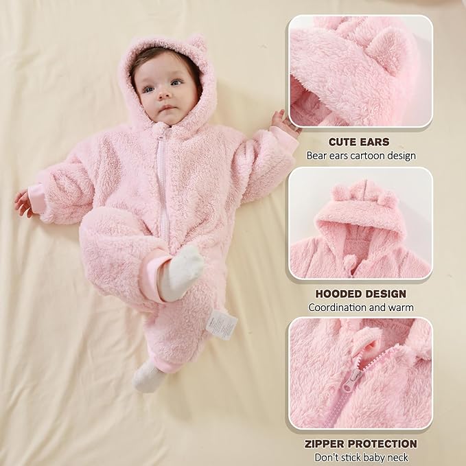 Newborn Baby Bear Outfit Suit Girls Boys Fleece Jumpsuit Romper Hooded Winter Snowsuit Clothes