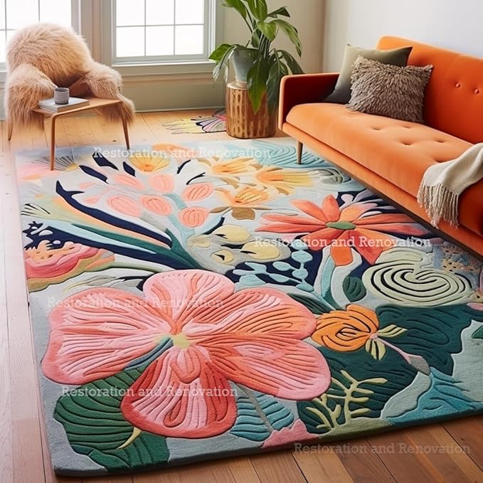 Handmade Wool Floral Area Rug for Living Room | Elegant Flower Garden Design, Soft, Thick and Durable | Bedroom, Dining Room & Home Decor Carpet (8' x 10', Floral D)