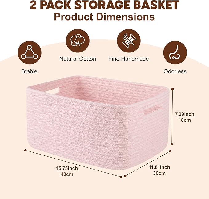 OIAHOMY Storage Basket for Shelves, Closet Cube Storage Bins Baskets for Clothes Blanket Towels, Baby Nursery, Toy Baskets Box, Woven Rope Basket, 17.72*12.99*7.87 IN, 2 Packs Mixed Pink