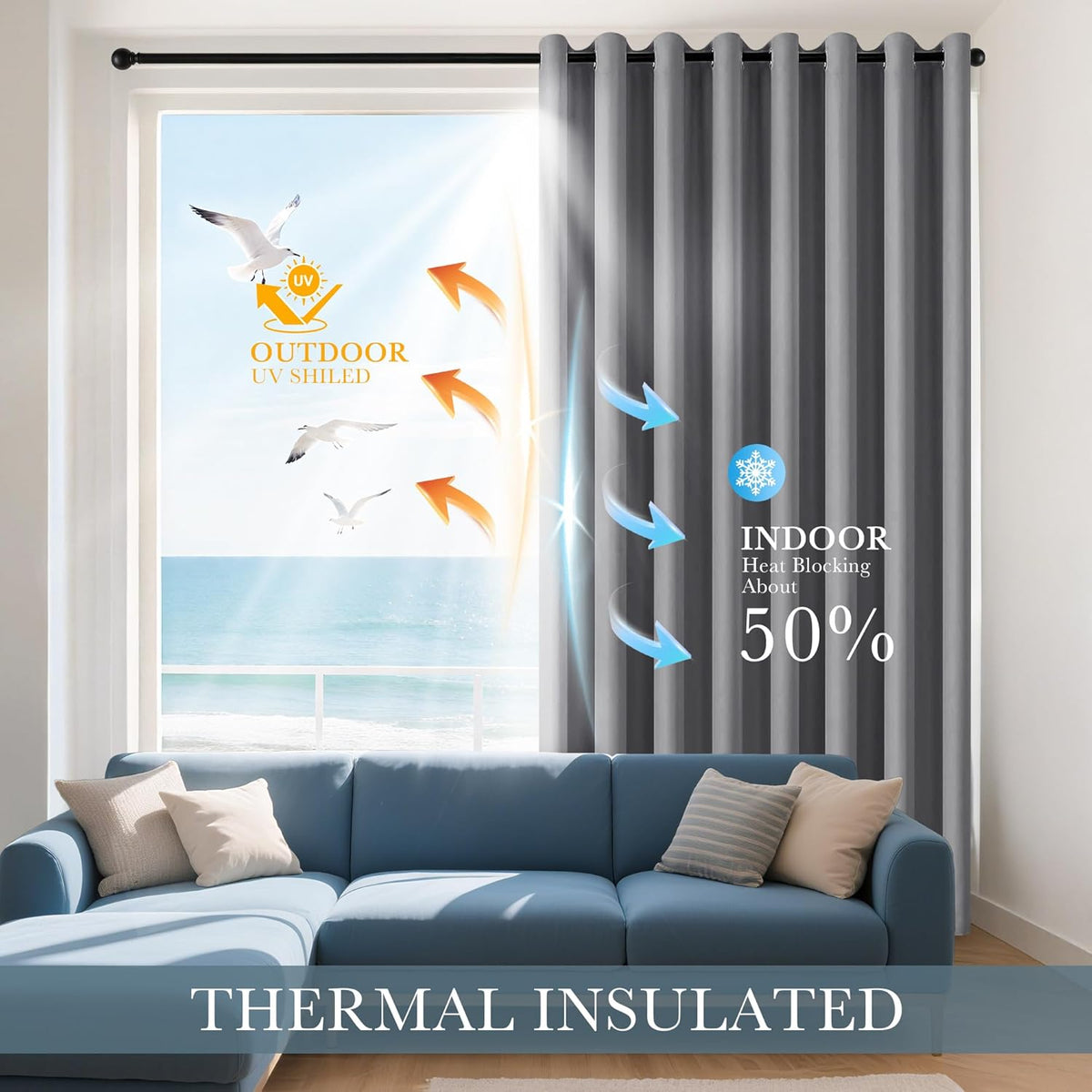 PONY DANCE Sliver Grey Curtains for Living Room - Grommet Thermal Insulated Room Darking Curtain for Bedroom, Set of 2 Panels, 42 x 72 inch