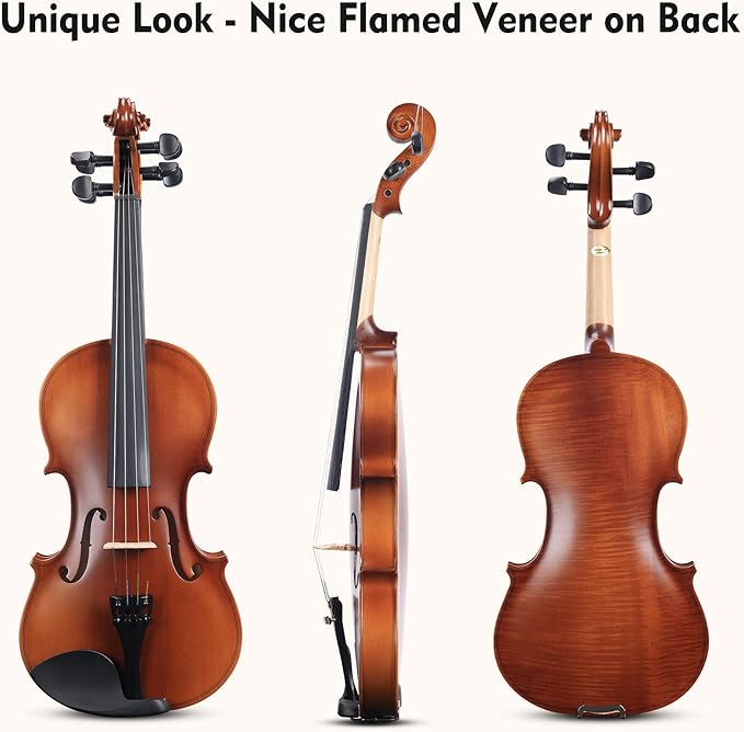 ADM 4/4 Full Size Wood Violin Set for Kids Teens Students Adults Beginner Acoustic Violin Matte Fiddle Starter Kit with Hard Case, Rosin, Shoulder Rest, Bow, Clip-on Tuner and Fingerboard Sticker