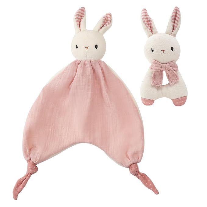 Organic Cotton Stuffed Animal Rattle Baby Toys, Plush Bunny Cuddle Cloth and Hand Grip Ring Rattles Plush Toy Set for Newborns Infant Boys Girls, 2 PCS
