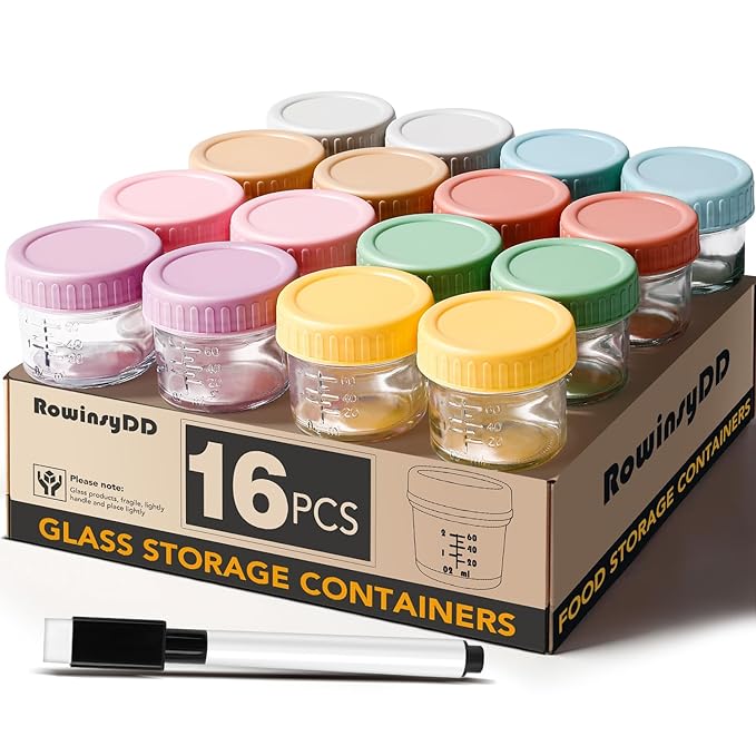 16 Pack Glass Baby Food Storage Containers, 4 oz Leakproof Baby Food Jars with Lids, Small Glass Food Containers for Infant Baby, Freezer & Microwave Safe, BPA Free