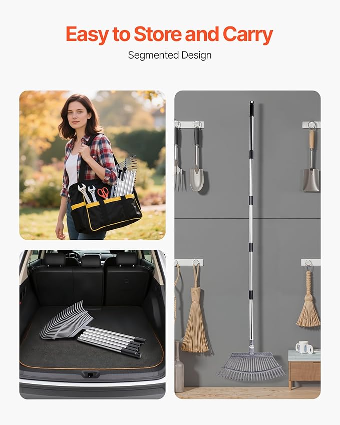 VEVOR Leaf Rake, 25 Metal Tines, Adjustable Garden Rake for Lawns with 18.3 Inch Wide Head & 36.4-72.8 Inch Long Handle, Heavy Duty Stainless Steel Small Leaves Tool for Gardening Camping Yard Grass