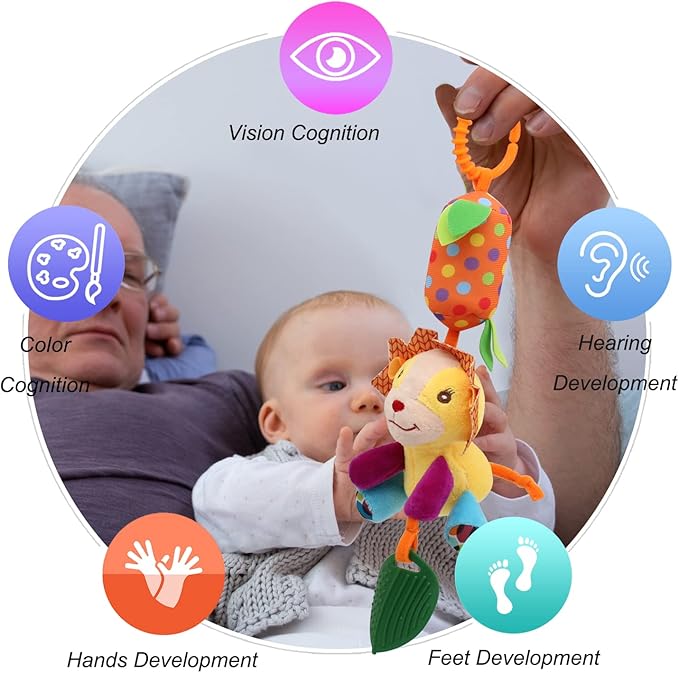 BLOOBLOOMAX Baby Soft Hanging Rattle, Car Seat Stroller Toys with Plush Animal C-Clip Ring for Infant Babies Boys and Girls 3 6 9 to 12 Months (4pcs)