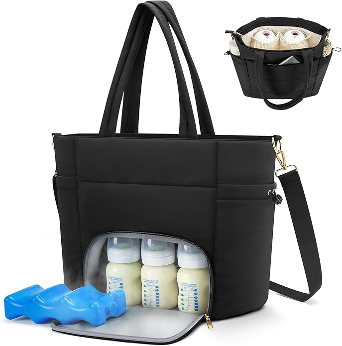Diaper Bag Tote for Working Mom, Breastmilk Cooler Bag with Insulated Compartment, Breast Pump Tote Bag with Ice Pack for Cooler & 15‘’ Laptop Sleeve, Baby Bottle Cooler bag for Nursing, Work, Travel