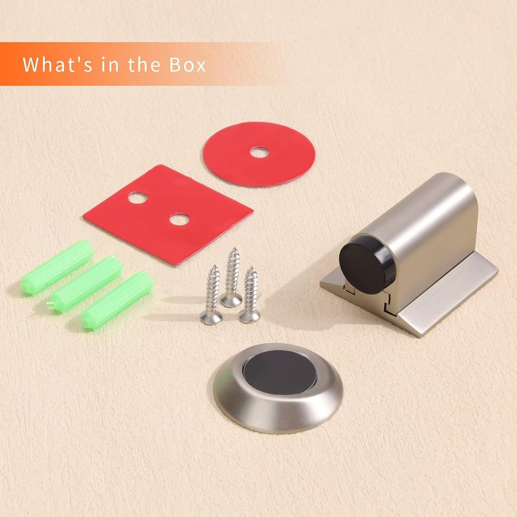 Bak Bo Magnetic Door Stoppers 2 Pack Bottom of Door Holder Keep Door Open No Drilling Magnet Floor Door Stop with Screws and Adhesive Brushed Nickel DS268BN-2