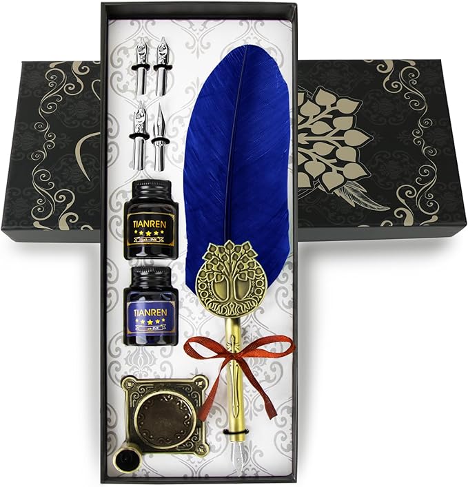 Quill pen ink set,Feather Pen and Ink Set,Antique Calligraphy Pen with 4 Replaceable Nibs,2 Bottle of ink,Feather Dip Pen Holder Christmas Gift for Men&Women.(Blue)