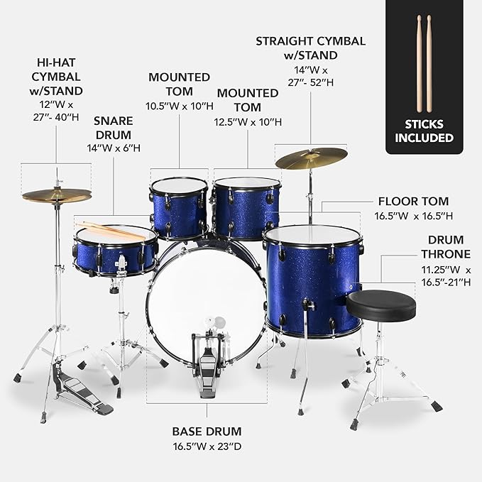 Best Choice Products 5-Piece Full Size Complete Adult Drum Set w/Cymbal Stands, Stool, Drum Pedal, Sticks, Floor Tom - Dark Blue Sparkle