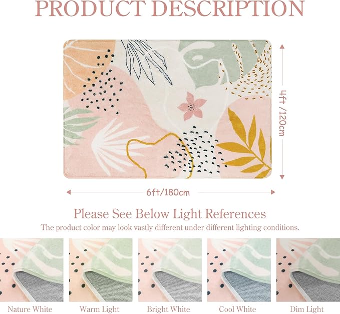 Lahome Pink Carpet for Living Room - 4x6 Area Rug for Bedroom Washable Non-Slip Boho Rug Throw Cute Soft Nursery Kids Rug, Abstract Botanical Print Indoor Rugs for Kitchen Entryway Laundry Dining Room