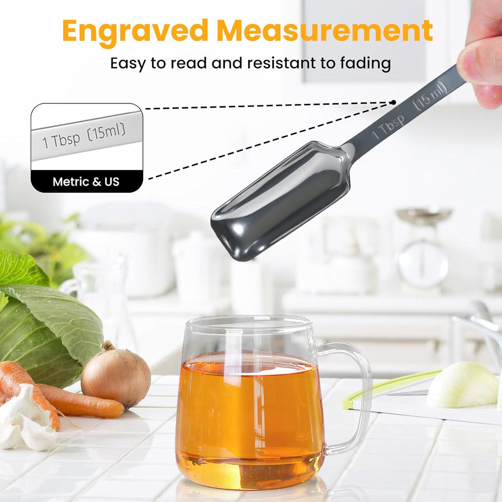 Stainless Steel Measuring Spoons Set of 8, Rectangular Metal Measuring Spoons with Leveler, Compact Spoons Design for Narrow Spice Jars, Teaspoon & Tablespoon Spoons for Dry & Liquid Ingredients