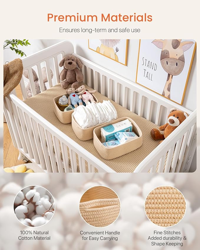 KALLAX Small Woven Basket, 12 x 8 x 4.5 Inches, Storage Basket for Organizing, Cute Small Rope Shelf Closet Cube Storage Bins Baskets for Shelves, Dog Toy Gift Baskets Empty, 3 Packs, Beige