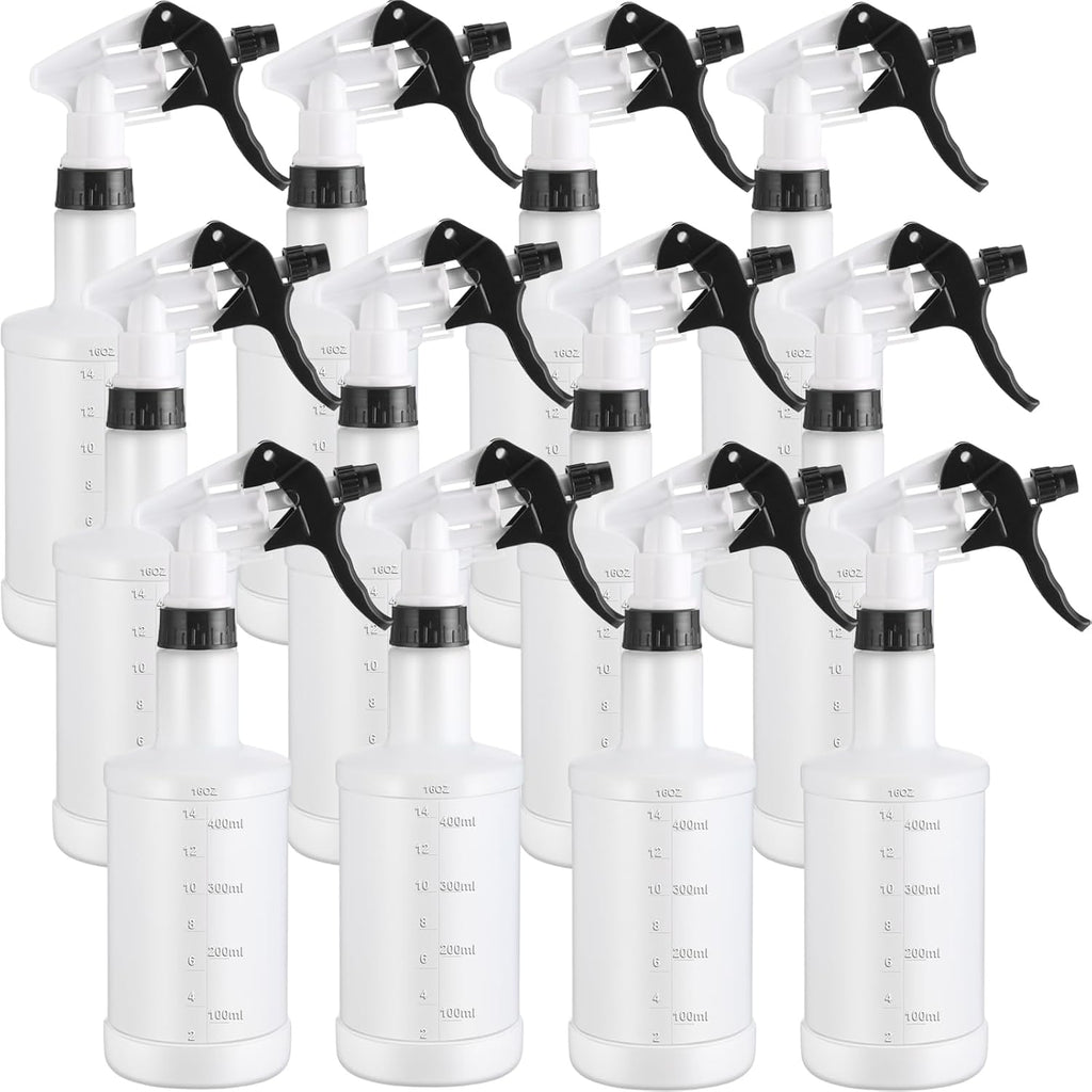 Eccliy 12 Pcs 16 Oz Plastic Spray Bottle, Adjustable Empty Reusable Sprayer for Cleaning, Planting, Water, Bathroom and Kitchen, BBQ, Commercial and Residential (Black,Measurement)
