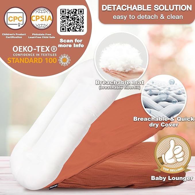 Baby Lounger - Snuggle Cozy Me Infant Lounger for Newborns | Breathable & Soft, Portable Awake-Time Pad, Essential Baby Gift- Orange (Lounger Cover Included)