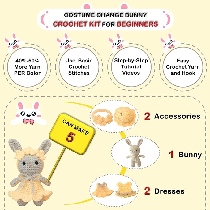 LoopMap Beginner Crochet Kit for Adults & Kids - DIY Amigurumi Bunny with Removable Dress & Accessories - Step-by-Step Video Tutorials, Extra Yarn, Crochet Tools - Handmade Gift (Bunny-Yellow)