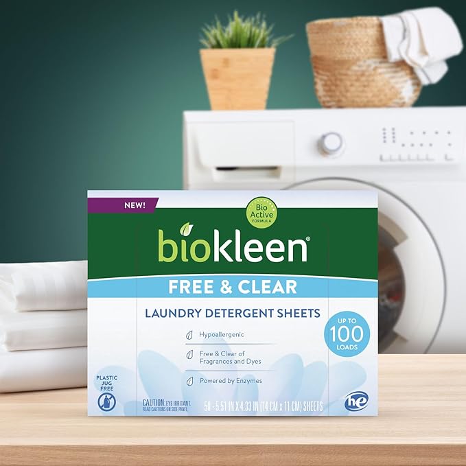 Biokleen Laundry Detergent Sheets (2 PACK) - Free & Clear From Fragrances and Dyes, Hypoallergenic Enzymatic Cleaning - 100 Sheets, 200 Loads