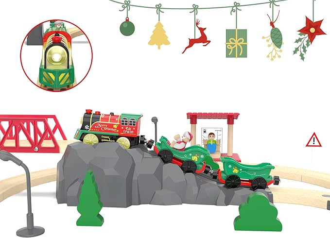 Electric Train Set for Wooden Tracks, Battery Powered Trains Toy with Lights & Sounds for Toddlers, Motorized Train for Kids Compatible with Thomas & Friends, Brio, Chuggington