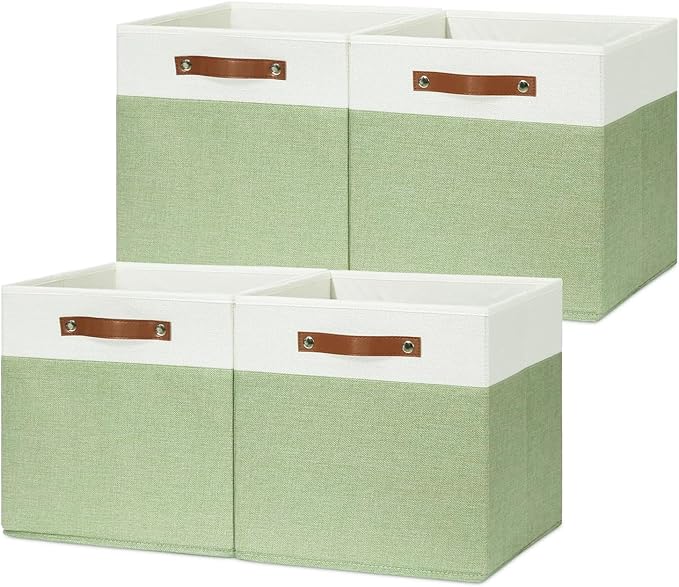 HNZIGE Fabric Cube Storage Bins 13x13 Set of 4 Canvas Storage Baskets for Shelves Collapsible Storage Bins for Organizing Clothes Closet Toy Nursery Cubby(Green&White)