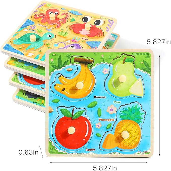 GRINNNIE Wooden Toddler Puzzles, 1 2 3 Years Old Learning Montessori Peg Puzzle Toy Set for Toddlers, 4 Pcs Educational Portable Size Travel Knob Puzzle Toys, Gift for 1-3 Boy Girl Birthday Christmas