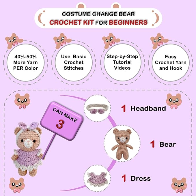 LoopMap Crochet Kit for Beginners - DIY Amigurumi Bear with Removable Dress & Accessories - Step-by-Step Video Tutorials, Extra Yarn, Crochet Tools, Handmade Gift for Kids & Adults (Bear K01, Purple)