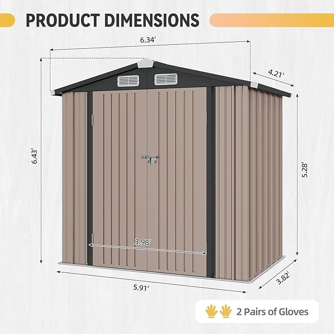 Aoxun 6x4ft Shed with Floor Heavy-Duty Galvanized Steel Outdoor Storage Shed with Double Doors, Ventilated Weatherproof Design for Bike/Generator/Tool Organization (Brown)